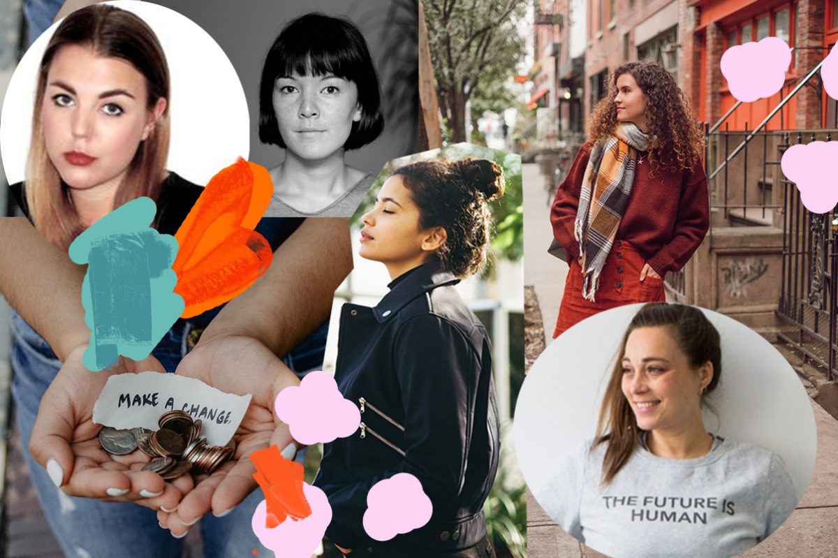 5 Portraits von Frauen, unten links eine Hand mit Geld und einem Zettel auf dem "Make a change" steht