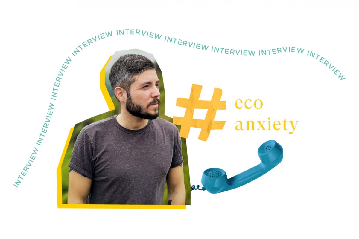 Eine Collage mit Jan Lenarz, Aktivist für mentale Gesundheit, in der Mitte, neben ihm steht ein Hashtag ecoanxiety