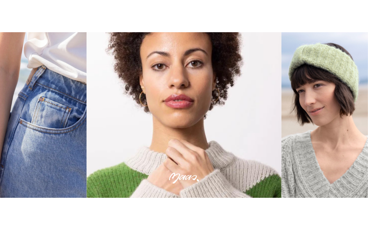 Das Bild zeigt drei unterschiedliche Ausschnitte. Ganz links zeigt ein Close-Up einer mittelhellen Jeans, darüber ist der Ansatz eines weißen T-Shirts zu erkennen. In der Mitte ist brustaufwärts ein weibliches Model zu sehen, sie blickt in Richtung Kamera. Ihre Hände sind unter ihrem Gesicht verschränkt. Sie trägt einen Strickpullover in einem hellbeigen und grasgrünen Ton. Das Bild rechts zeigt ebenfalls ein weibliches Modelbrustaufwärts. Sie trägt ihre braunen Haare im Bob, dazu ein matchafarbendes Strickstirnband. Dazu einen hellgrauen Stellpullover mit einem V-Ausschnitt.