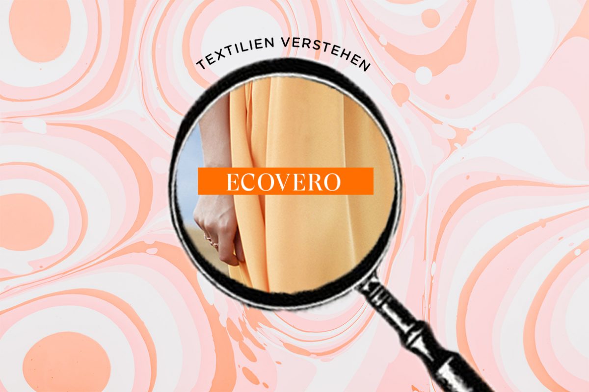 Es ist eine Lupe zu sehen, in der ein Kleidungsstück auf EcoVero zu sehen ist, es geht um die Frage, die nachhaltig Ecovero und Viskose sein können