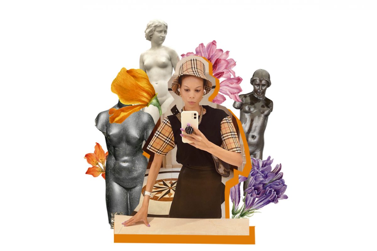 Eine Fotocollage: In der Mitte steht eine Frau, um sie herum Blumen und Steinstatuen, es geht um Körperbilder und Essstörungen in der Modebranche