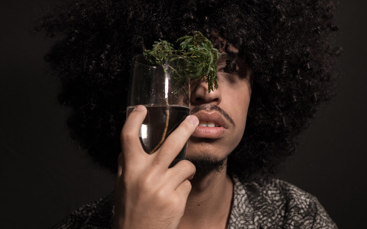 Eine Person hält ein Glas Wasser vor das Gesicht, darin ist ein grüner Zweig