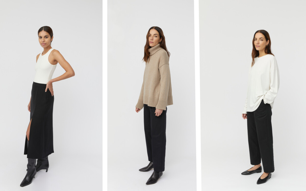 The Slow Label, drei Frauen in neutraler Kleidung vor weißem Hintergrund, Womenswear