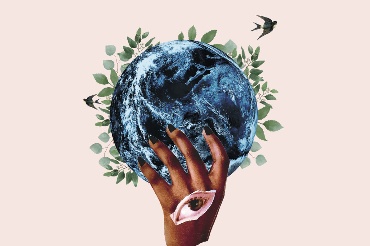 Illustration zum Thema Intersektionale Nachhaltigkeit: Grüne Blätter und Vögel um eine Erde, die von einer Hand gehalten wird