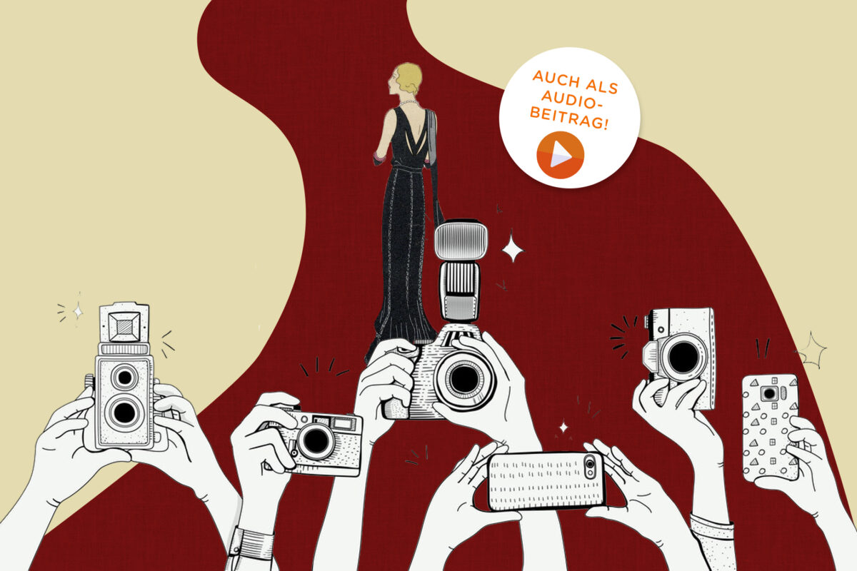 Illustration: Auf dem roten Teppich steht eine Frau in einem schwarzen langen Kleid und wird von einigen Kameras und Handykameras fotografiert