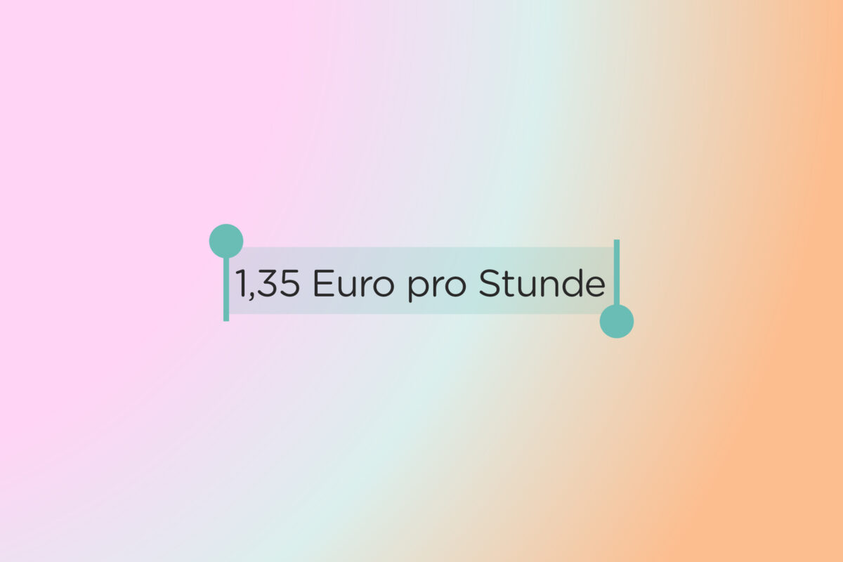 Illustration zum Thema Behindertenwerkstätten: Text '1,35 Euro pro Stunde' auf rosa-orange-farbenem Hintegrund