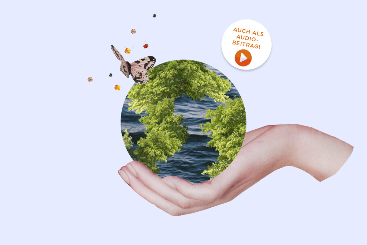 Illustration zum Thema Klimakrise: Auf blauem Hintergrund sehen wir eine weiße Hand, die eine Weltkugel hält. Um die Weltkugel herum fliegt ein kleiner Schmetterling. Mit Audio-Badge