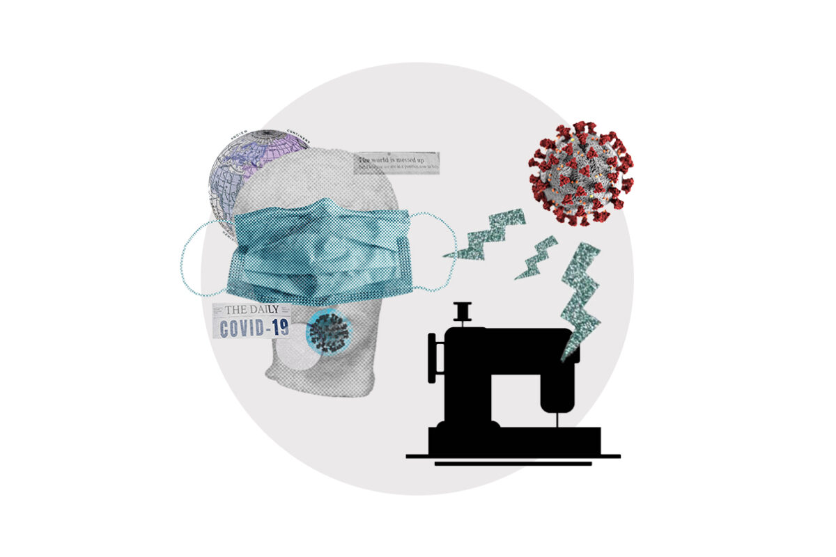 Collage mit Coronavirus, Nähmaschine, Maske
