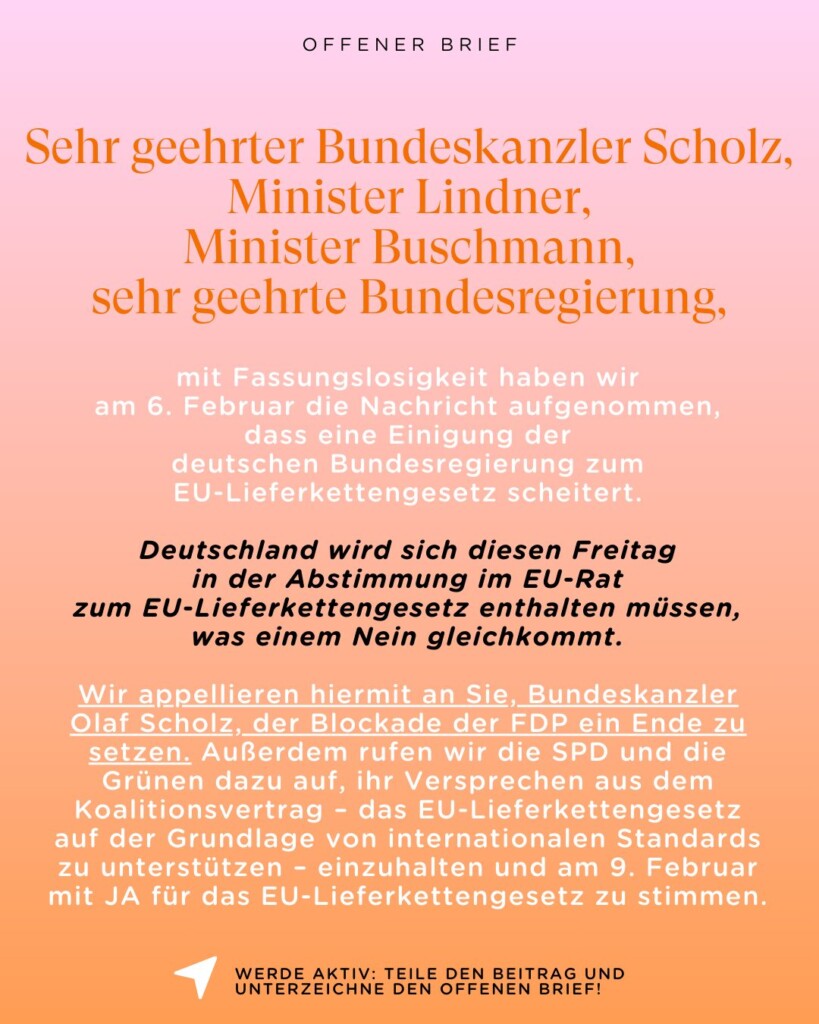 Offener Brief zu EU-Lieferkettengesetz