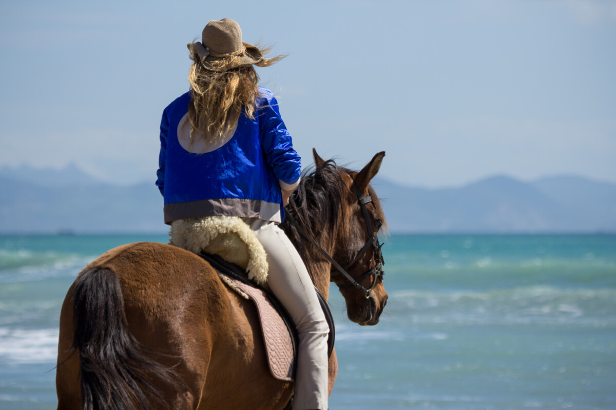 CENTAURALSTUDIO. Eine Frau reitet auf einem Pferd am Strand. Sie trägt eine blaue Racerjacke und eine beige Reithose. Womenswear, Reitsport, Reitbekleidung